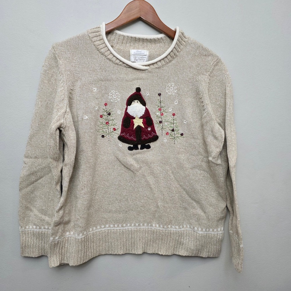 Christopher  Banks Santa Christmas Sweater Embroidered Beige Cotton Blend Medium - Picture 2 of 11